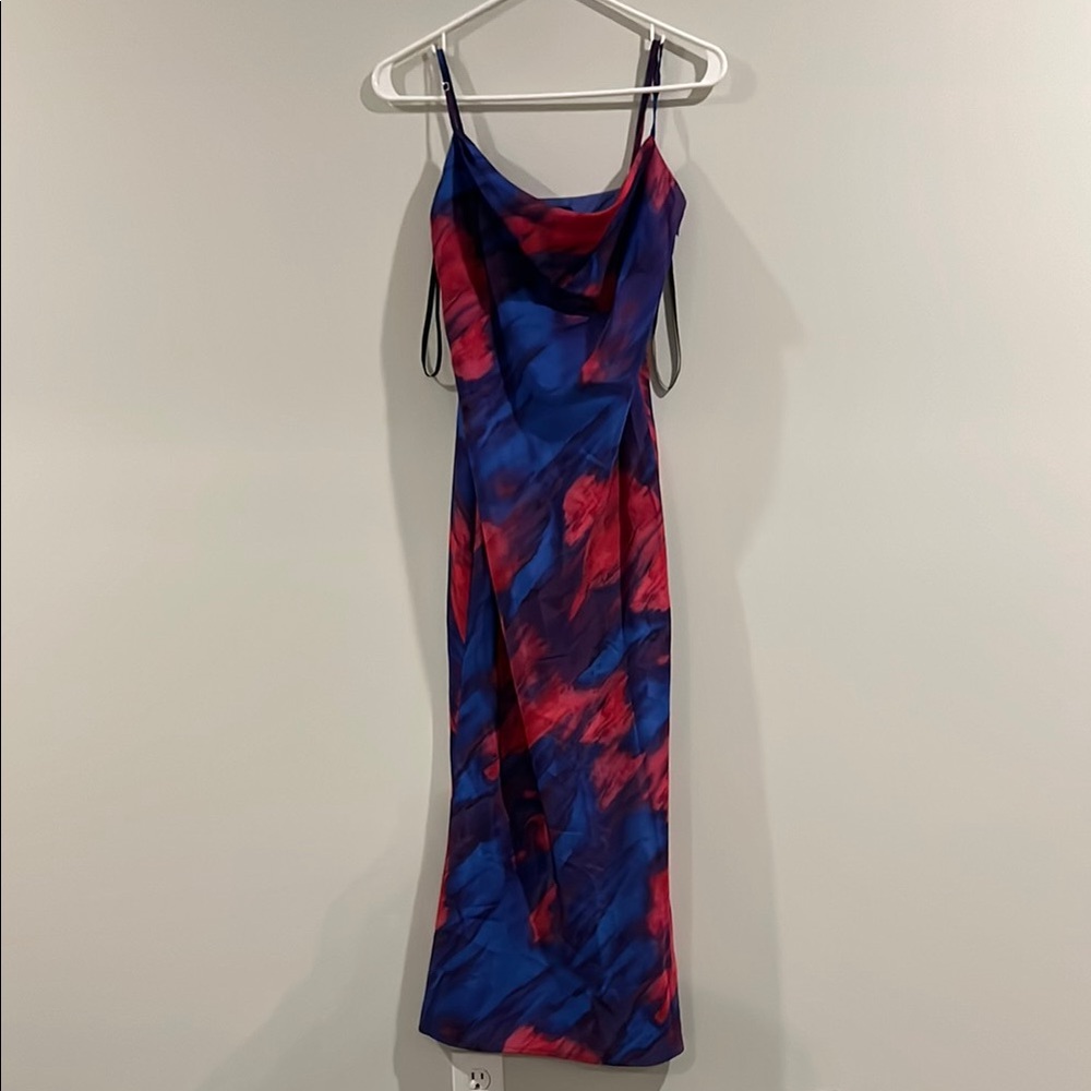 MAJORELLE Blue and Red Sleeveless Cowl Neck Midi Dress for Night Out